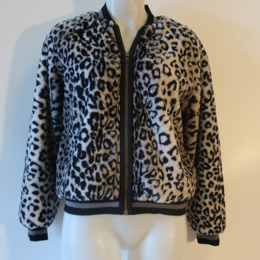 NWT Womens Lavender Brown Gray Black Animal Print Faux Fur Bomber Jacket M * - Picture 4 of 11